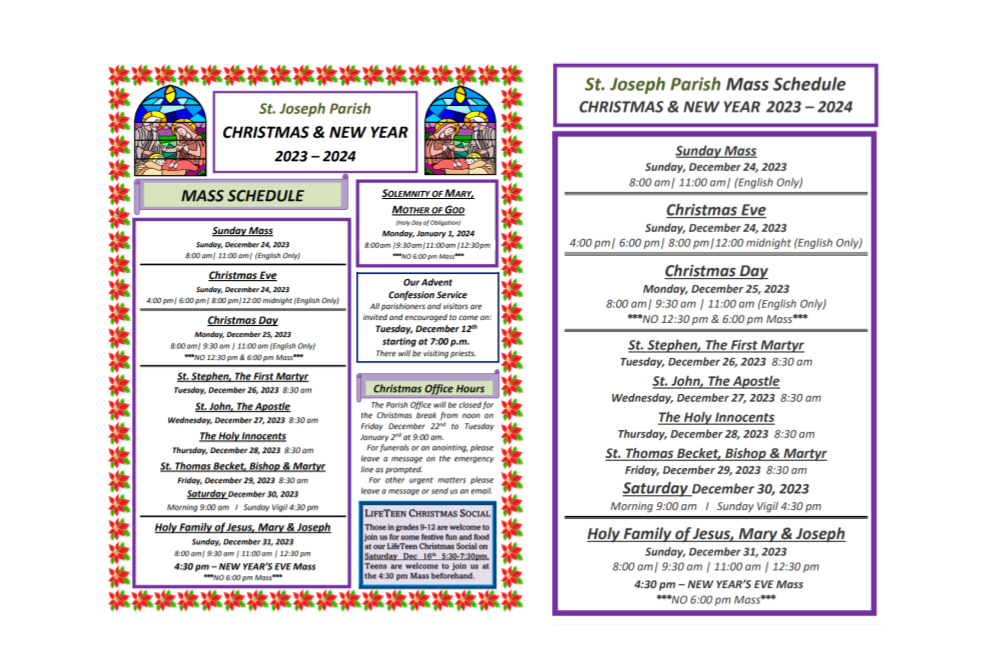 St. Joseph's Parish, Mississauga - Christmas and New Year 2023 2024